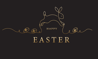 Easter banner concept. Creative gold easter elements on the black background in minimalist art. Designfor flyer, greeting card, voucher. Trendy vector illustration.