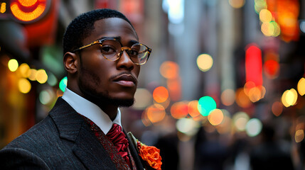 Man in suit, city street, night lights, portrait