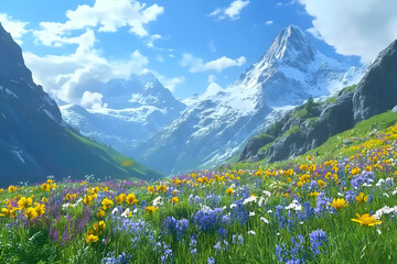 Fototapeta premium Alpine meadow wildflowers, scenic mountains, sunny day, travel poster