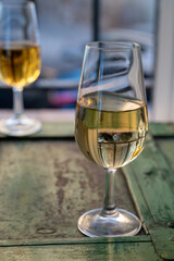 Sherry wine tasting, fino, olorosso, amontillado, cream jerez sherry fortified wine made from palomino white grape in bogedas in Jerez de la Frontera, Cadiz, Andalusia, Spain