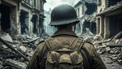 Soldier surveys destruction in war-torn city after a fierce battle