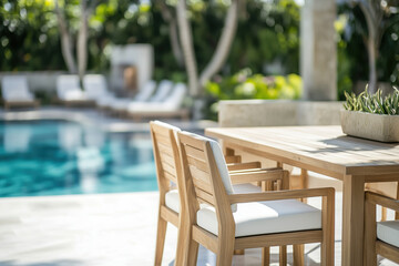 Obraz premium Poolside dining area with modern wooden furniture