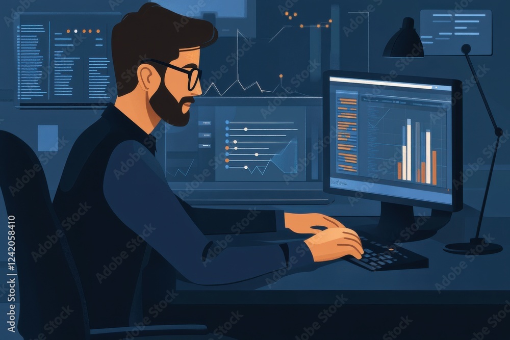 Poster professional analyst reviewing various data charts and graphs in a modern office setting, utilizing 
