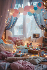 Twinkling Lights, Fuzzy Cushions, and Popcorn: A Cozy and Fun-filled Pyjama Party Setup