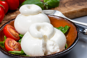 Cheese collection, eating of fresh soft white burrata cheese ball made from mozzarella and cream from Apulia, Italy, close up
