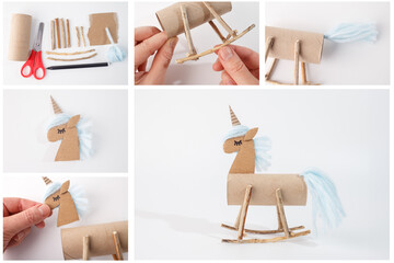 Unicorn craft tutorial with four stages of assembly. Easy DIY unicorn project using cardboard, sticks, and yarn. Step-by-step instructions for creating a unicorn figure. Craft ideas for kids © Elena