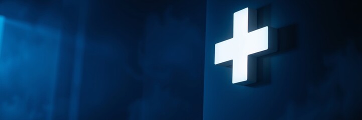 Obraz premium Illuminated medical cross symbol against a dark blue background