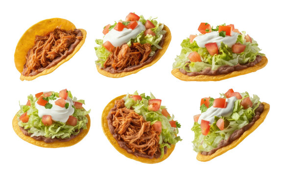 Six chicken tostadas with shredded chicken, lettuce, tomatoes, refried beans, and sour cream on fried tortillas
