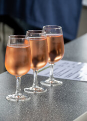 Tasting of white , rose, young dry wine made on Moselle river valley in Germany or Luxembourg, view on terraced vineyards