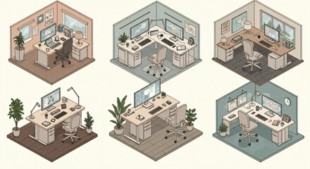 Obraz premium Isometric illustrations of workspace setups with modern furniture and devices