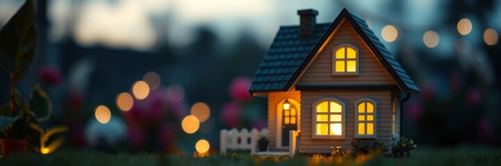 Cozy miniature house glowing warmly at dusk against a floral background