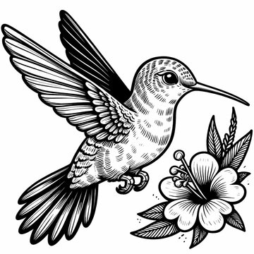hummingbird flying near flower black and white clip art preview