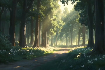 Sunlit Forest Path, Morning Mist, Peaceful Nature Scene, Game Background