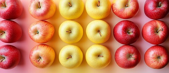 Colorful arrangement of red and yellow apples on a gradient background, showcasing freshness and variety