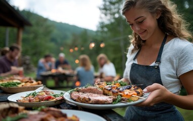 A young woman serves a plate of grilled meats and vegetables at a gathering. Friends are seated at a table, enjoying a summer evening in a picturesque natural setting with trees and soft lights