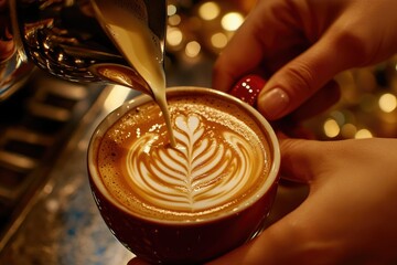 Barista pouring latte art in cafe at night