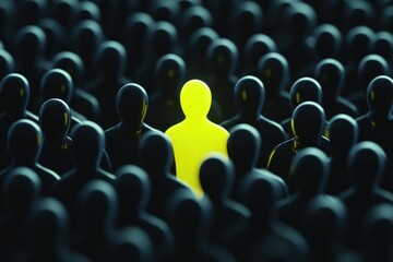 Obraz premium An evocative image depicting a sea of dark figures with a glowing one at the center, symbolizing isolation and choice.