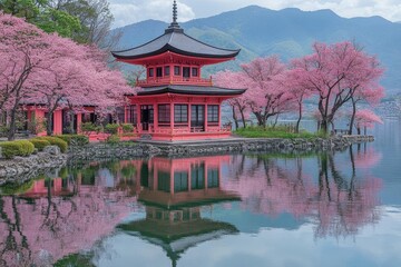 Fototapeta premium Pink Cherry Blossoms Frame Red Pagoda Lake Reflection