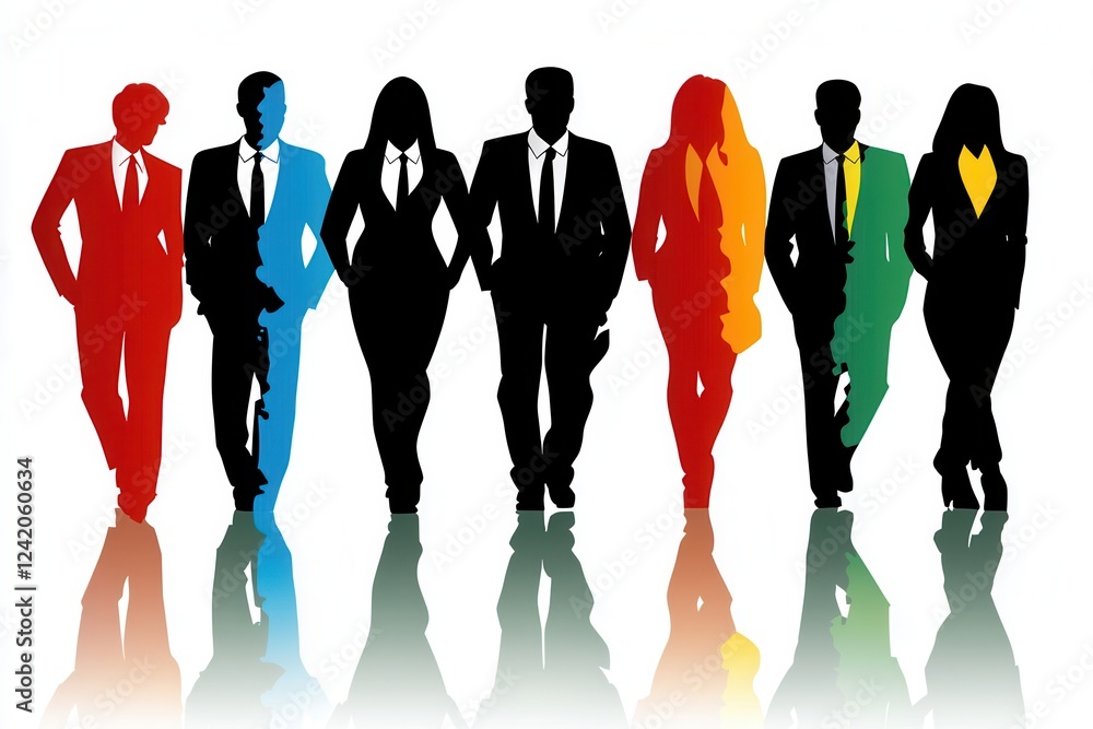 Poster dynamic team collaboration in a modern office displaying flat vector design with bold colors on a cl