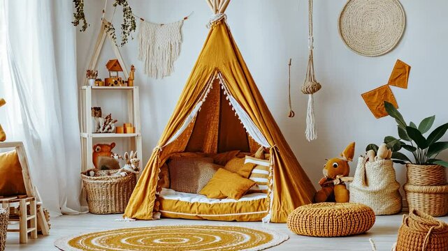 Cozy Kids Playroom with Teepee Tent and Mustard Yellow Decor