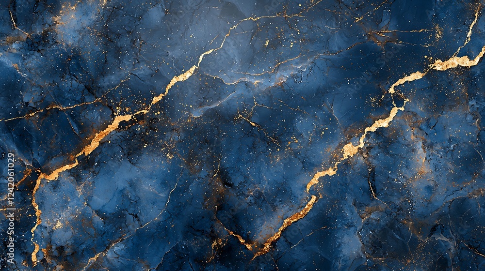 Poster a captivating blue marble texture with intricate gold splashes, creating a luxurious and smooth surf