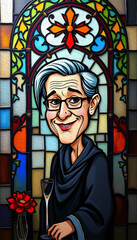 Naklejka premium Caricature. Fictional character. Colorful stained glass window. Multicolored interior design template. Oil painting