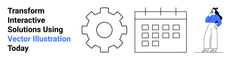 Gear symbolizing innovation, calendar for planning, and woman thinking. Ideal for teamwork, productivity, planning, innovation, creative processes strategy and organization. Flat landing page