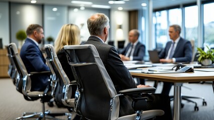 Senior Business Executives Sitting at a Boardroom Table, Attentively Listening During a Corporate Meeting in a Modern Office Environment