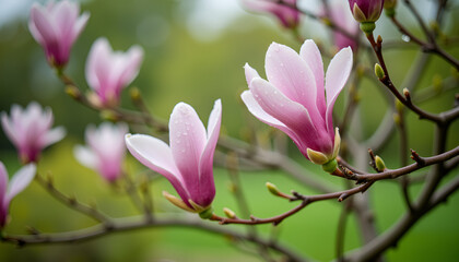 Fototapeta premium Magnolia flowers blooming on branch with droplets, Magnolia Blossoms, New Blooms