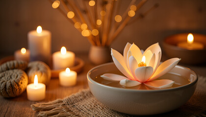 Lotus flower floating in bowl with candles on wooden table, Magnolia Blossoms, New Blooms