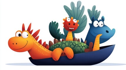 Obraz premium Colorful Cartoon Dragons in a Playful Boat Adventure