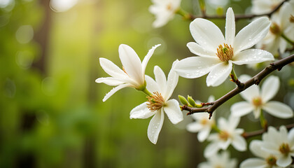 Obraz premium White magnolia flowers blooming in spring greenery, Magnolia Blossoms, New Blooms