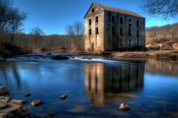 Obraz premium Derelict mill reflects, river, winter, woods