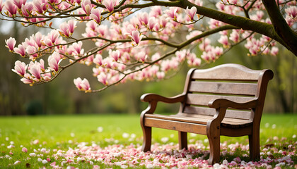 Naklejka premium Wooden bench under flowering magnolia tree in green park, Magnolia Blossoms, New Blooms