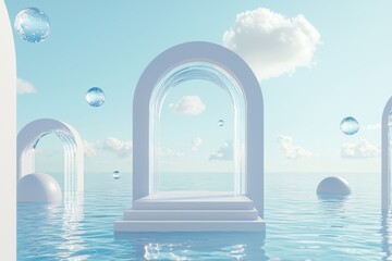 Surreal futuristic ocean landscape with floating arches, podium and water spheres in serene blue tones conceptual dreamy digital art design for prints posters backgrounds with calm mood