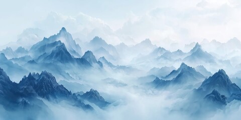Obraz premium Misty Blue Mountain Landscape with Layers of Fog and Soft Atmospheric Depth