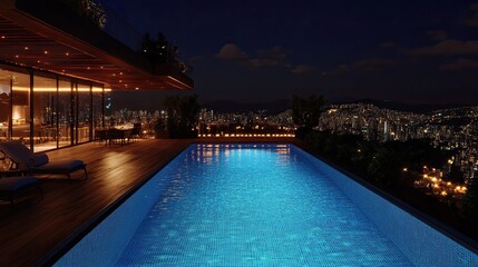 Rooftop pool with city views at night offering a serene and luxurious experience