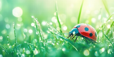 Naklejka premium A ladybug explores dew-covered grass blades, illuminated by soft light, capturing a moment of natural wonder and beauty.