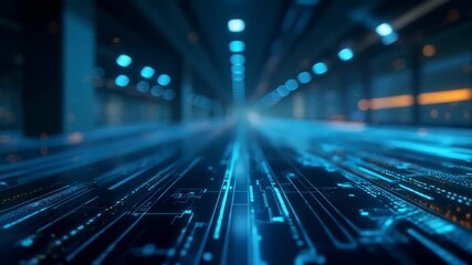 Dynamic futuristic tunnel with blue  light streaks on dark blurred background. Digital cyberspace. Digital Day and Technology Week motion background