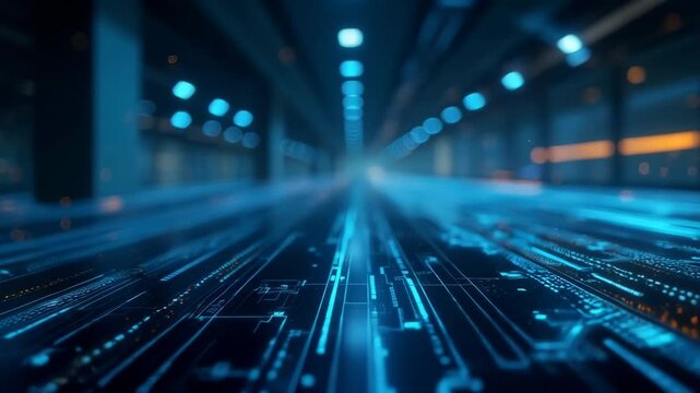 Dynamic futuristic tunnel with blue  light streaks on dark blurred background. Digital cyberspace. Digital Day and Technology Week motion background