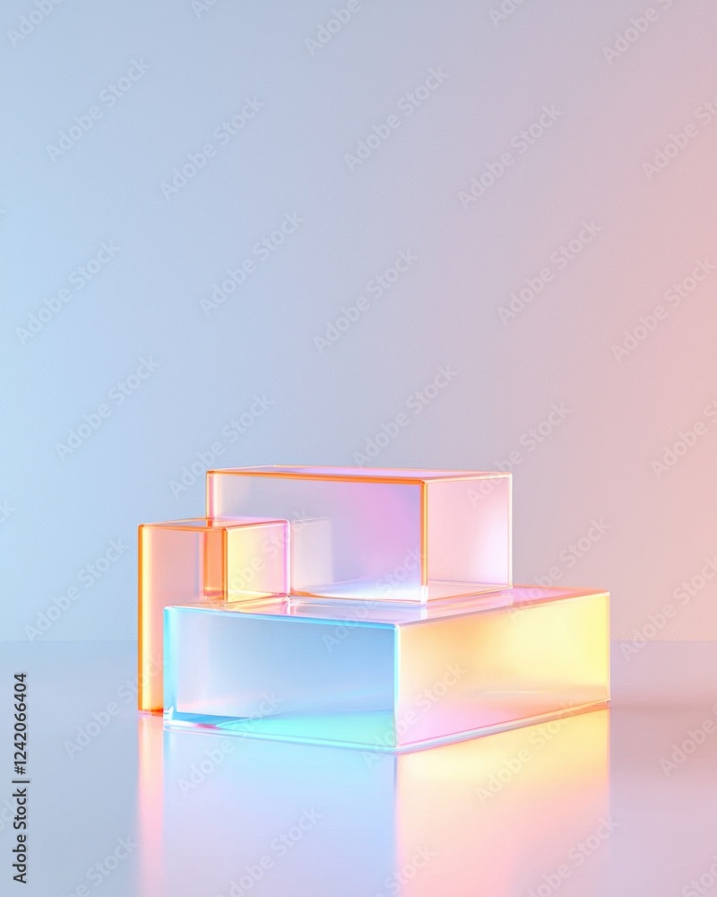 Poster modern minimal abstract podium composition features colorful transparent geometric shapes stacked wi