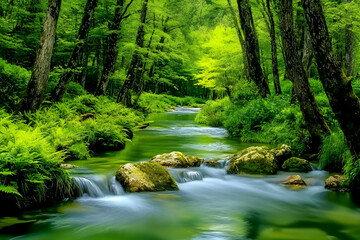 Obraz premium Serene forest stream flows through lush greenery