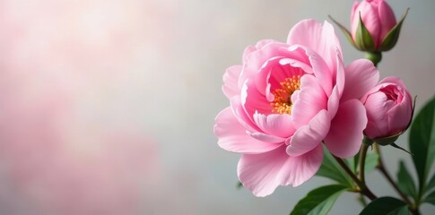 Obraz premium Delicate pink peony and rose cluster, blank area , nature, copy space