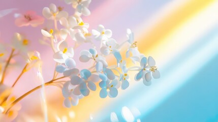 Delicate white flowers in pastel rainbow light