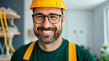 A smiling Caucasian construction worker wearing a yellow hard hat and suspenders stands inside a house under renovation. Concept of home remodeling, construction expertise, and building industry.