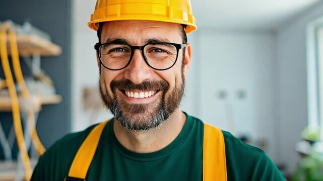A smiling Caucasian construction worker wearing a yellow hard hat and suspenders stands inside a house under renovation. Concept of home remodeling, construction expertise, and building industry.