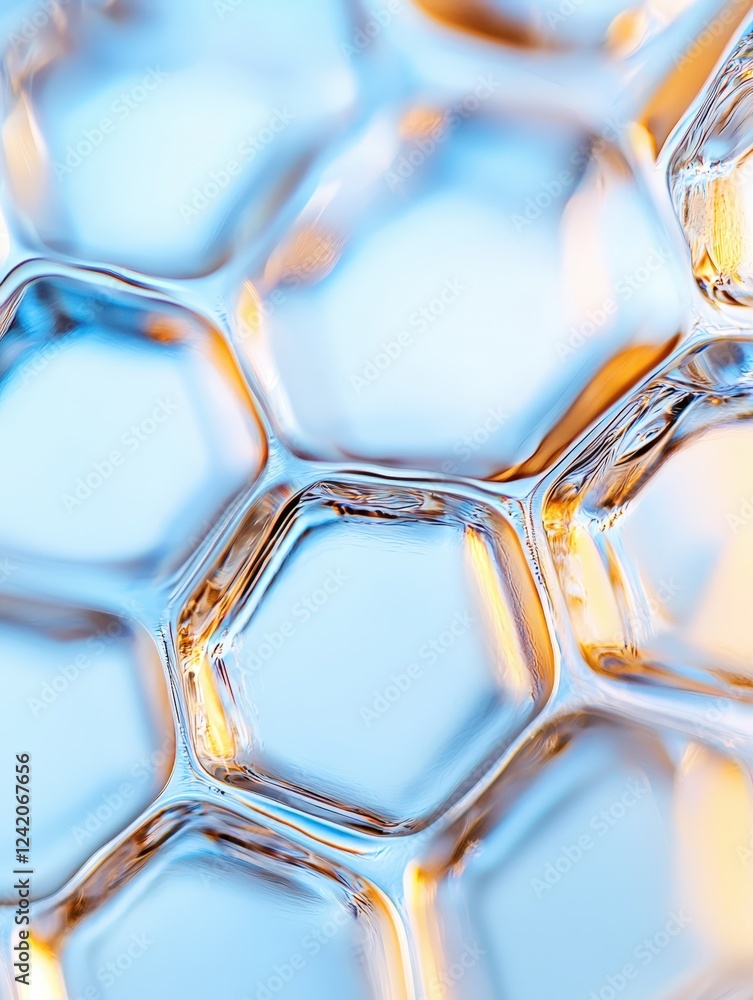 Poster hexagonal pattern of bubbles creating abstract visual, depicting nature-inspired geometric shapes, i
