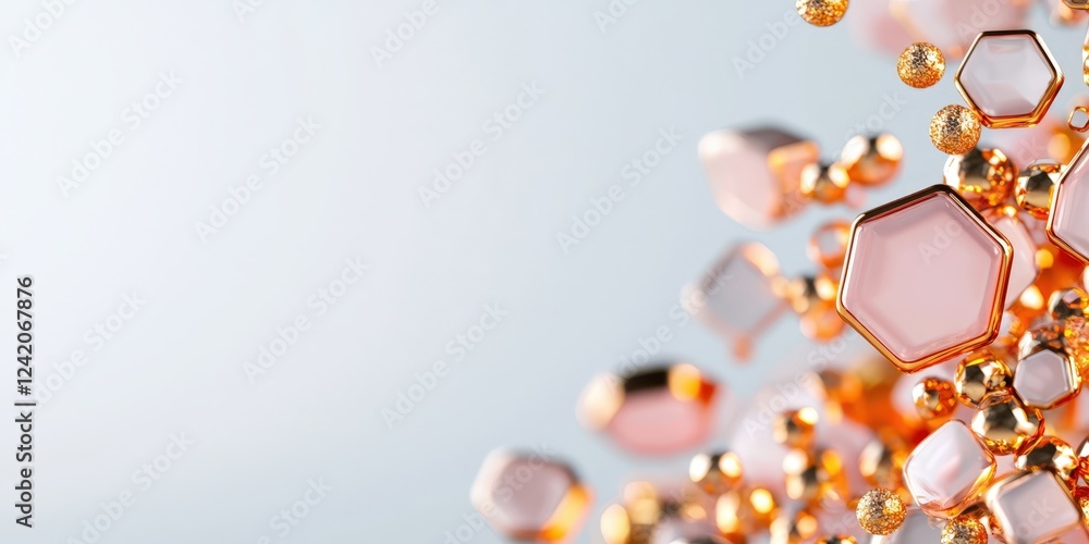Aufkleber abstract geometric design with floating gold and pink hexagons and spheres against soft background i
