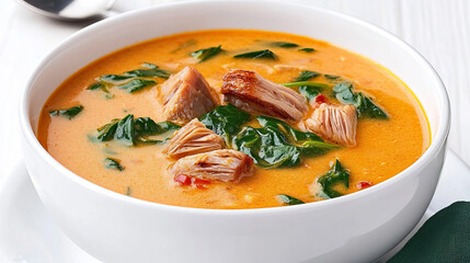 Creamy egusi soup in a cozy kitchen bathed in warm natural light with fresh spinach and smoked fish adding depth to the vibrant orange dish