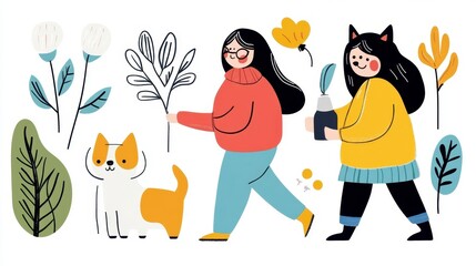 Two Friends Walking with Dog in Colorful Nature Illustration